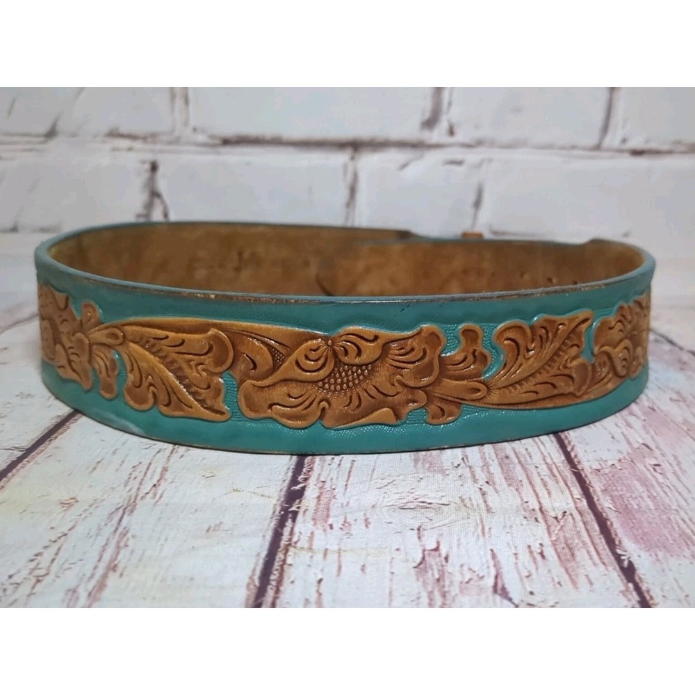 Youth Justin Western Turquoise & Brown Tooled Leather‎ Rodeo Cowboy Belt Sz M 32